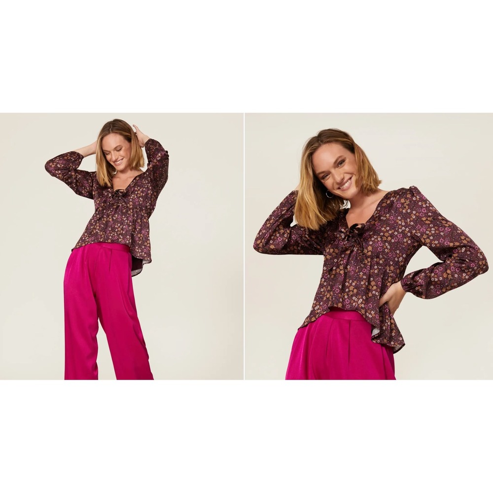 Loun Women Burgundy Floral Peplum Blouse Long Balloon‎ Sleeve V-Neck Tie Front M